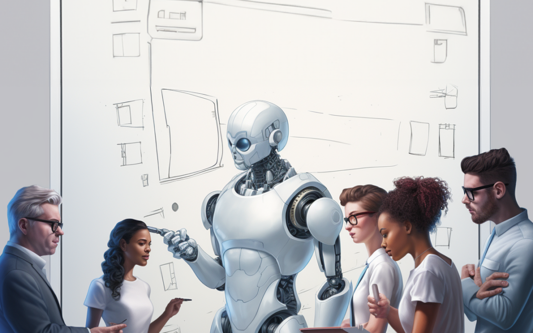 AI humanoid helping five public sector communicators
