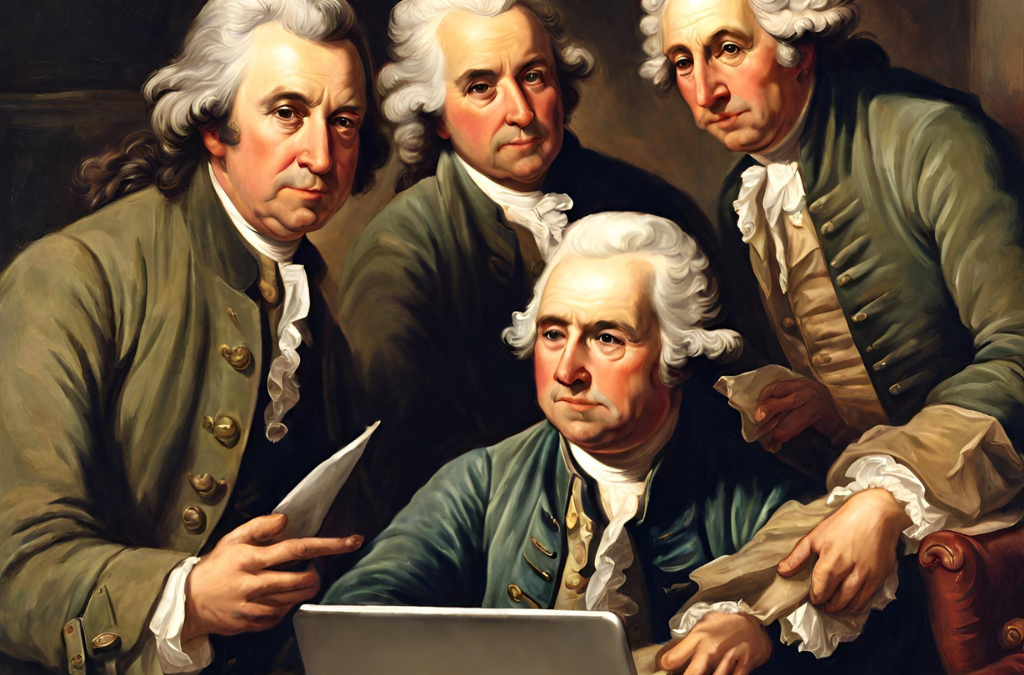 AI generated image of four of the founding fathers all looking at a laptop computer.