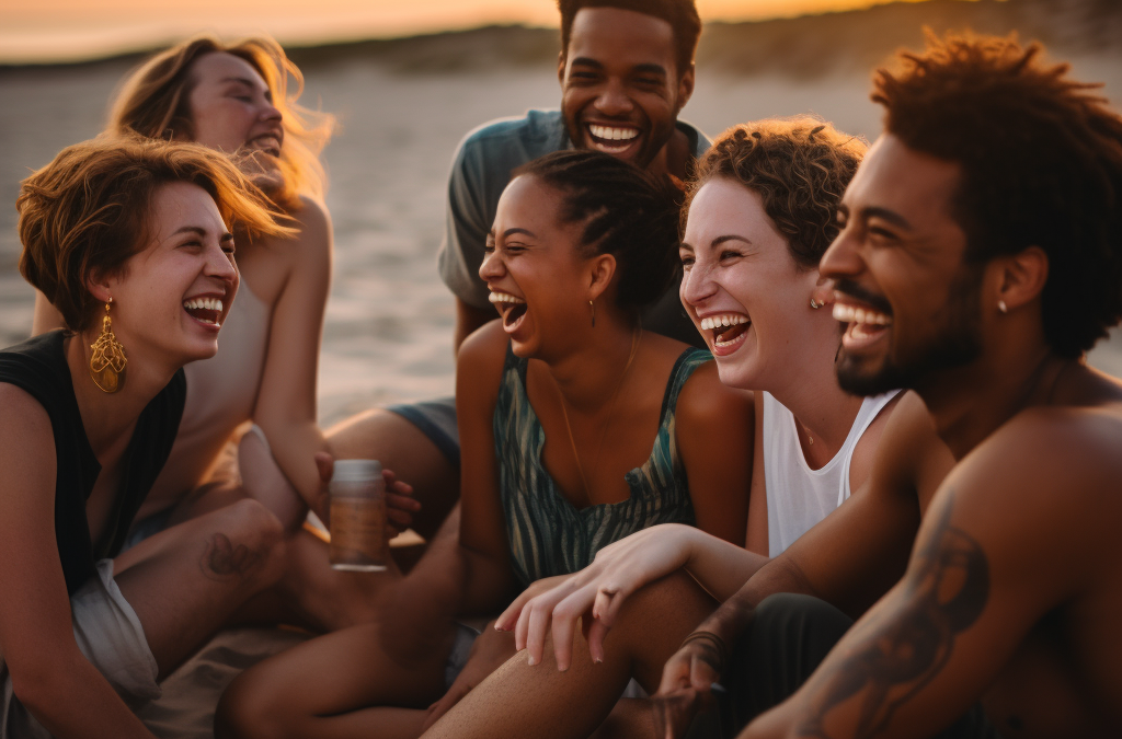 Image of a group of friends at the beach laughing and conversing.