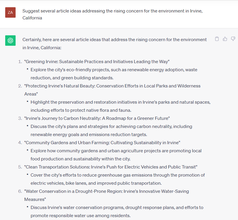 Screenshot of a ChatGPT prompt that reads, "Suggest several article ideas addressing the rising concern for the environment in Irvine, California"