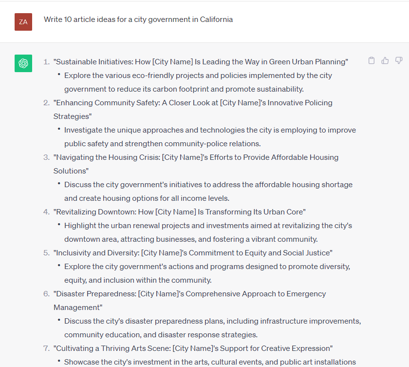 Screenshot of a ChatGPT prompt that reads, "Write 10 article idease for a city government in California