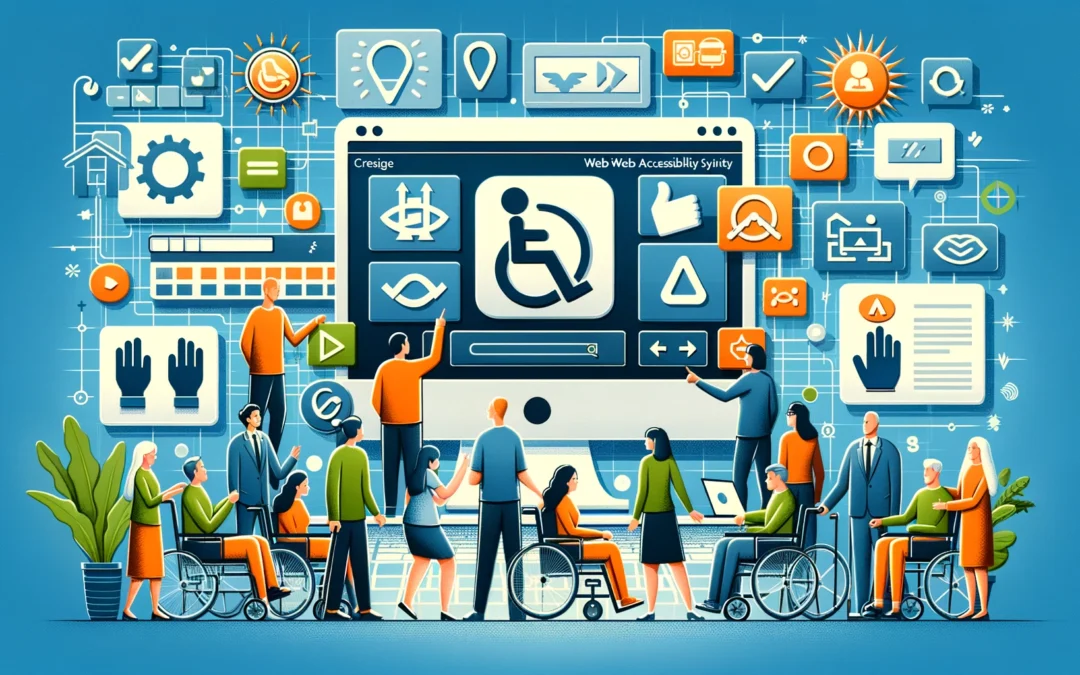 AI generated image depicting web accessibility. Icons of indiviuals of all ages and abilites are shown accessing online content.